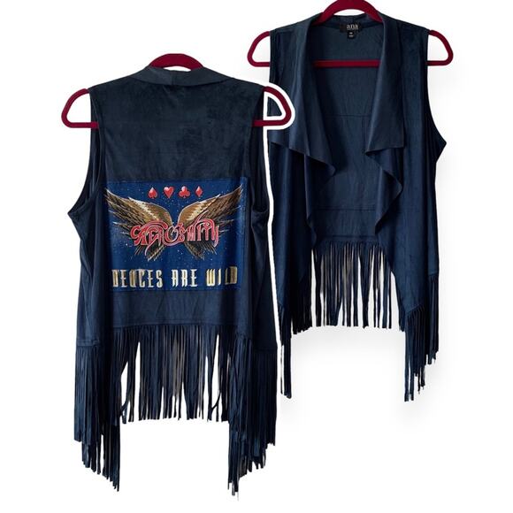 Via Penny Lane Reworked Apparel | Aerosmith Vegas Tour Navy Suede Fringe Vest XS - Picture 1 of 9